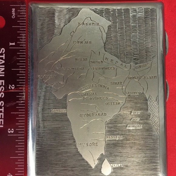 Vtg Heavy Sterling Silver Cigarette Case Map India - Picture 2 of 6